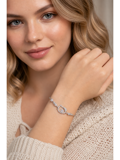 Rhodium Plated CZ Cat Bracelet with Fishbone Charms 3