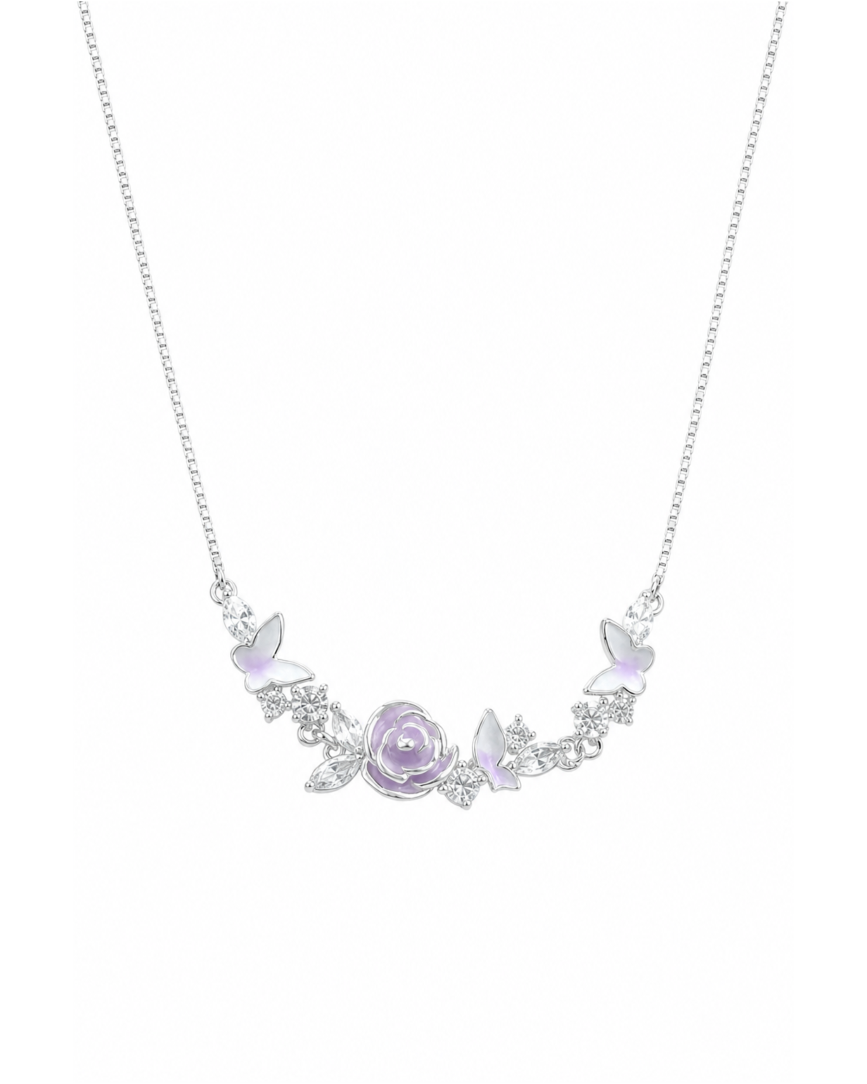Rhodium Plated Enamel Butterfly Camellia Necklace 1