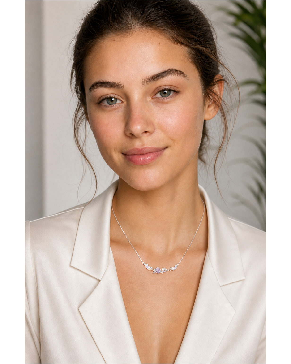 Rhodium Plated Enamel Butterfly Camellia Necklace 2
