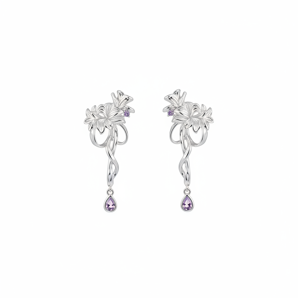 Floral Drop Rhodium Plated with Sterling Silver Posts Earring 1