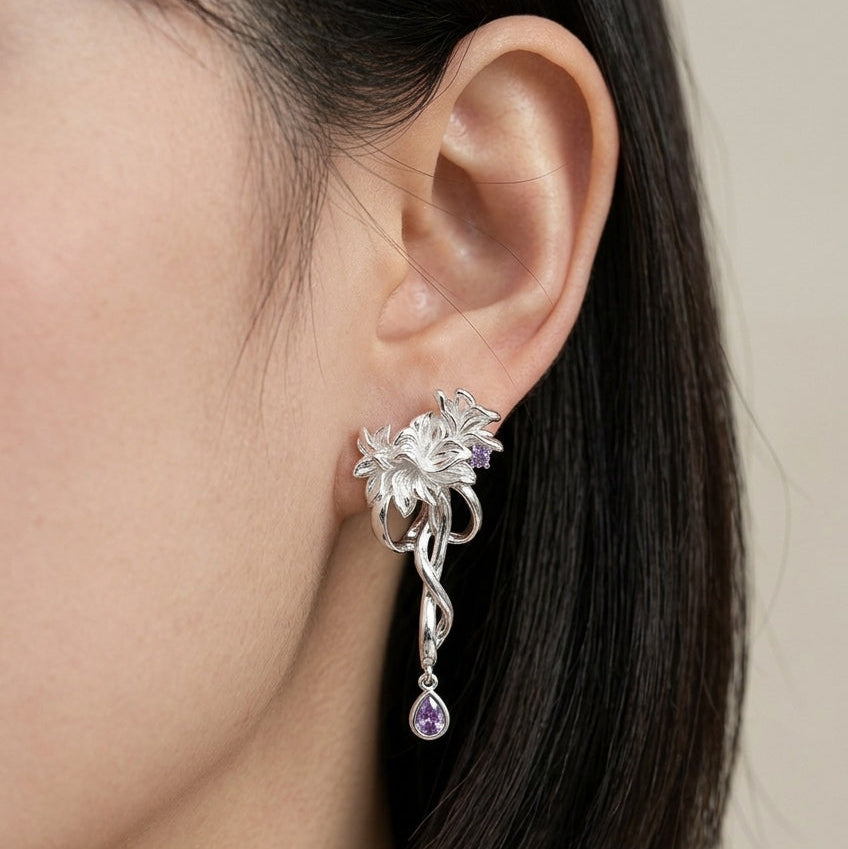 Floral Drop Rhodium Plated with Sterling Silver Posts Earring 3