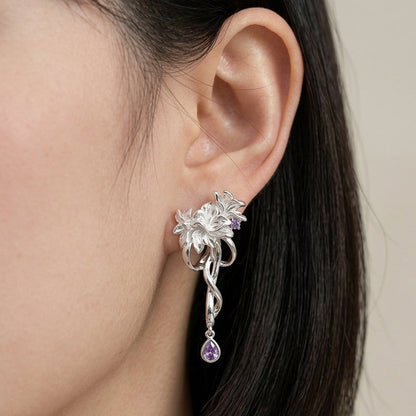 Floral Drop Rhodium Plated with Sterling Silver Posts Earring 3