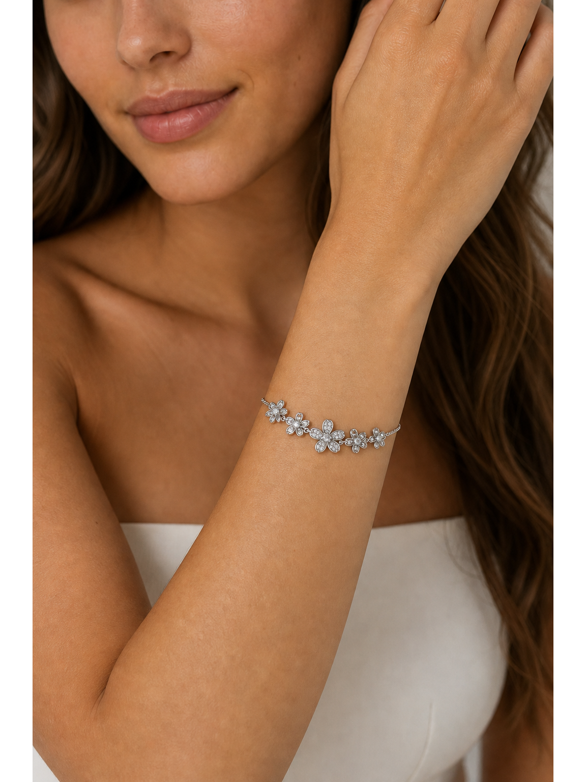Rhodium Plated Floral Zircon Bracelet 2