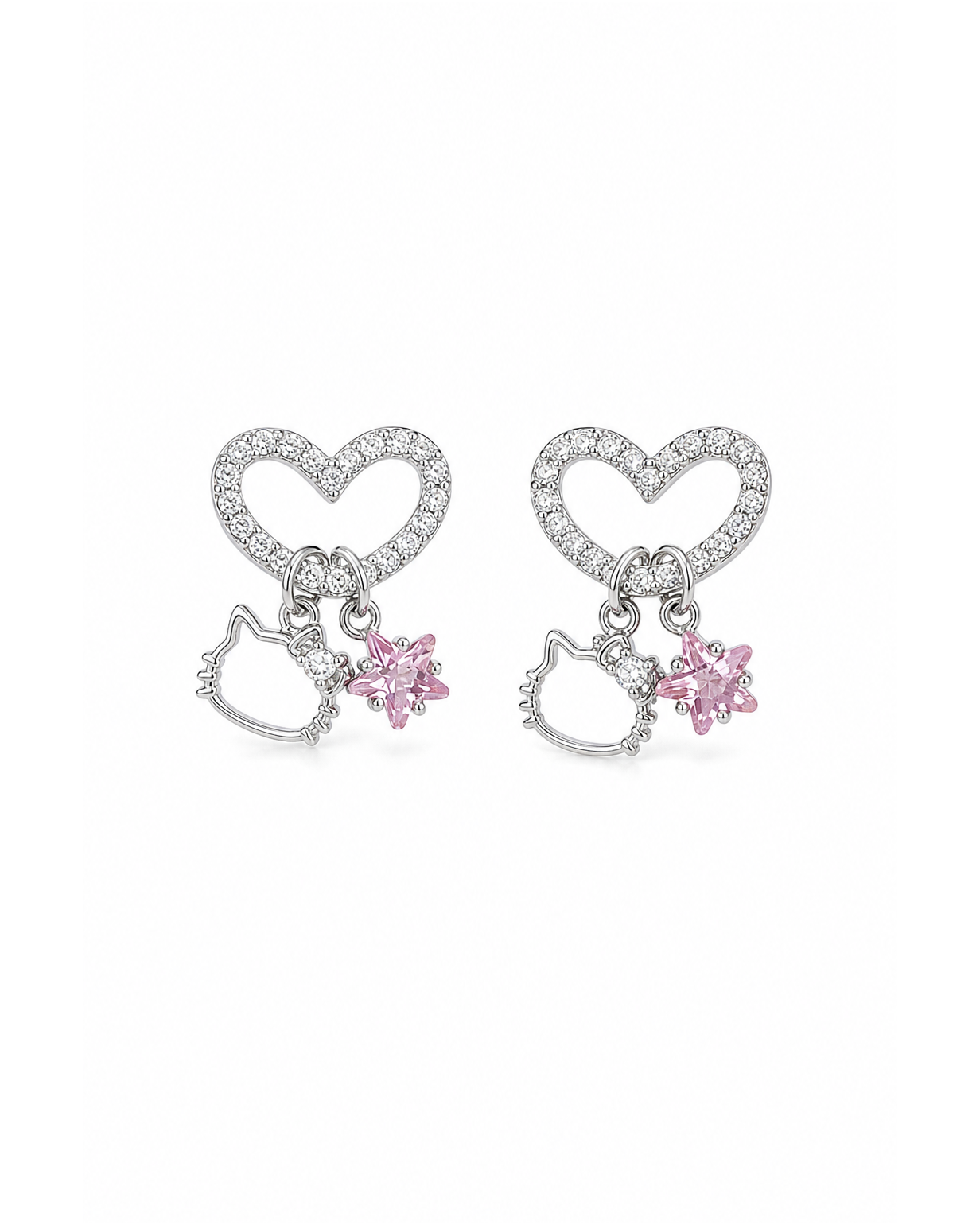 Plated Heart Cat & Pink Zircon Star Rhodium with Sterling Silver Posts Earring 1