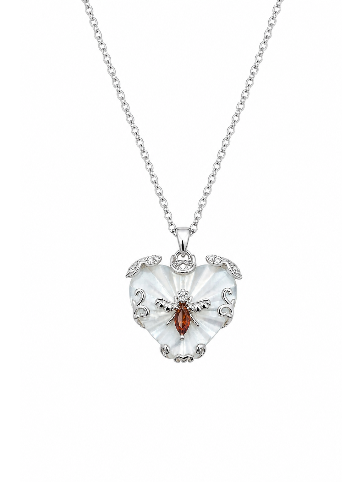 Rhodium Plated Heart Pendant Necklace with Amber Accent 1