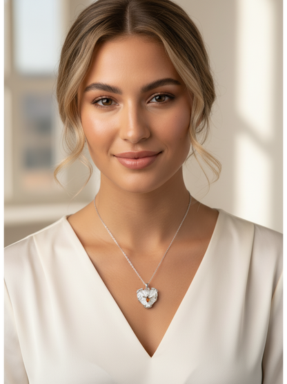 Rhodium Plated Heart Pendant Necklace with Amber Accent 2