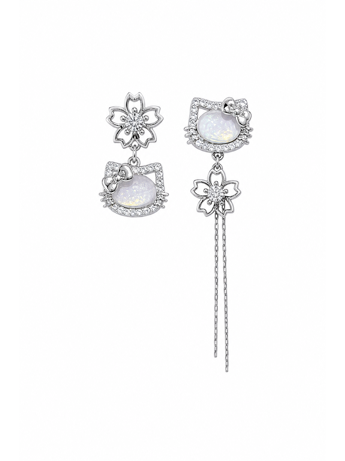Plated Kitten Flower Dangle Rhodium with Sterling Silver Posts Earring 1