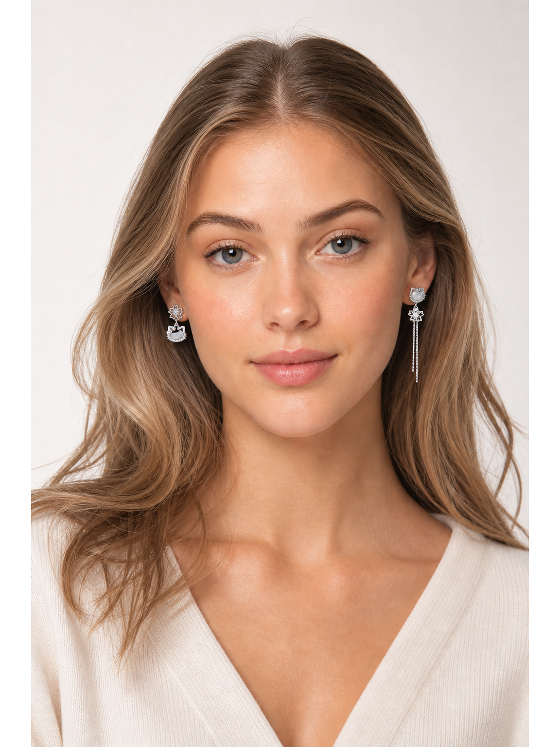 Plated Kitten Flower Dangle Rhodium with Sterling Silver Posts Earring 2
