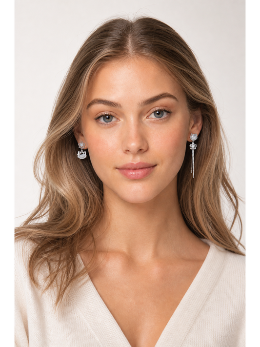 Plated Kitten Flower Dangle Rhodium with Sterling Silver Posts Earring 2