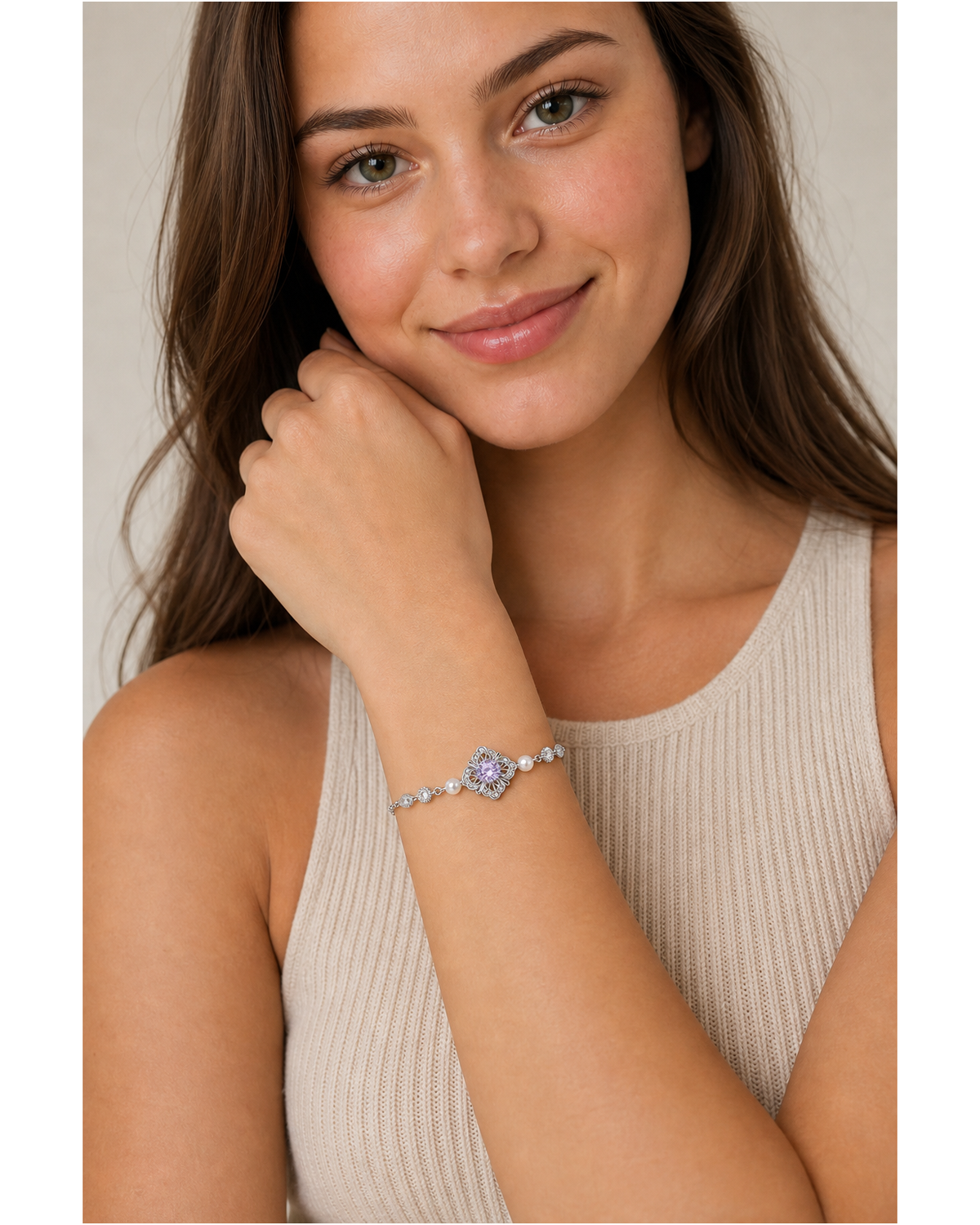 Rhodium Plated Lavender Zircon Filigree Bracelet 2