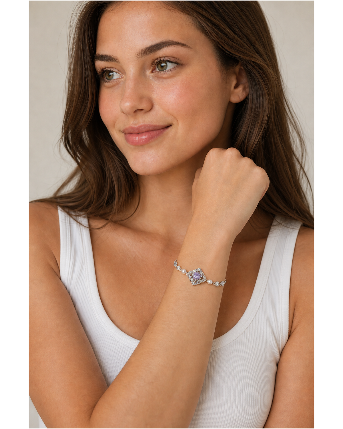 Rhodium Plated Lavender Zircon Filigree Bracelet 3