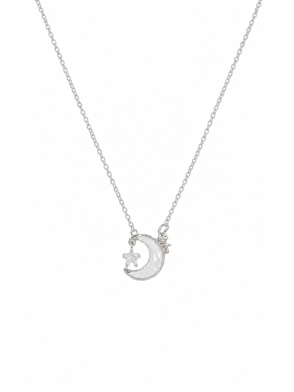 Rhodium Plated Moon Pendant Necklace with Shell Inlay 1