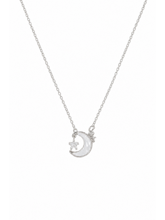 Rhodium Plated Moon Pendant Necklace with Shell Inlay 1