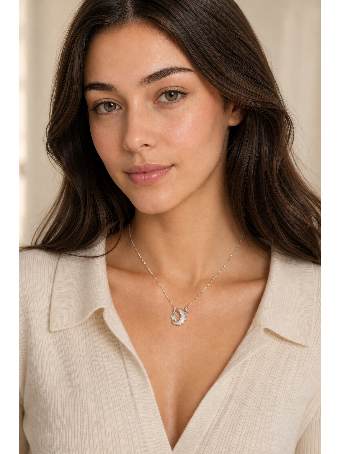 Rhodium Plated Moon Pendant Necklace with Shell Inlay 2