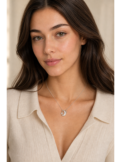 Rhodium Plated Moon Pendant Necklace with Shell Inlay 2