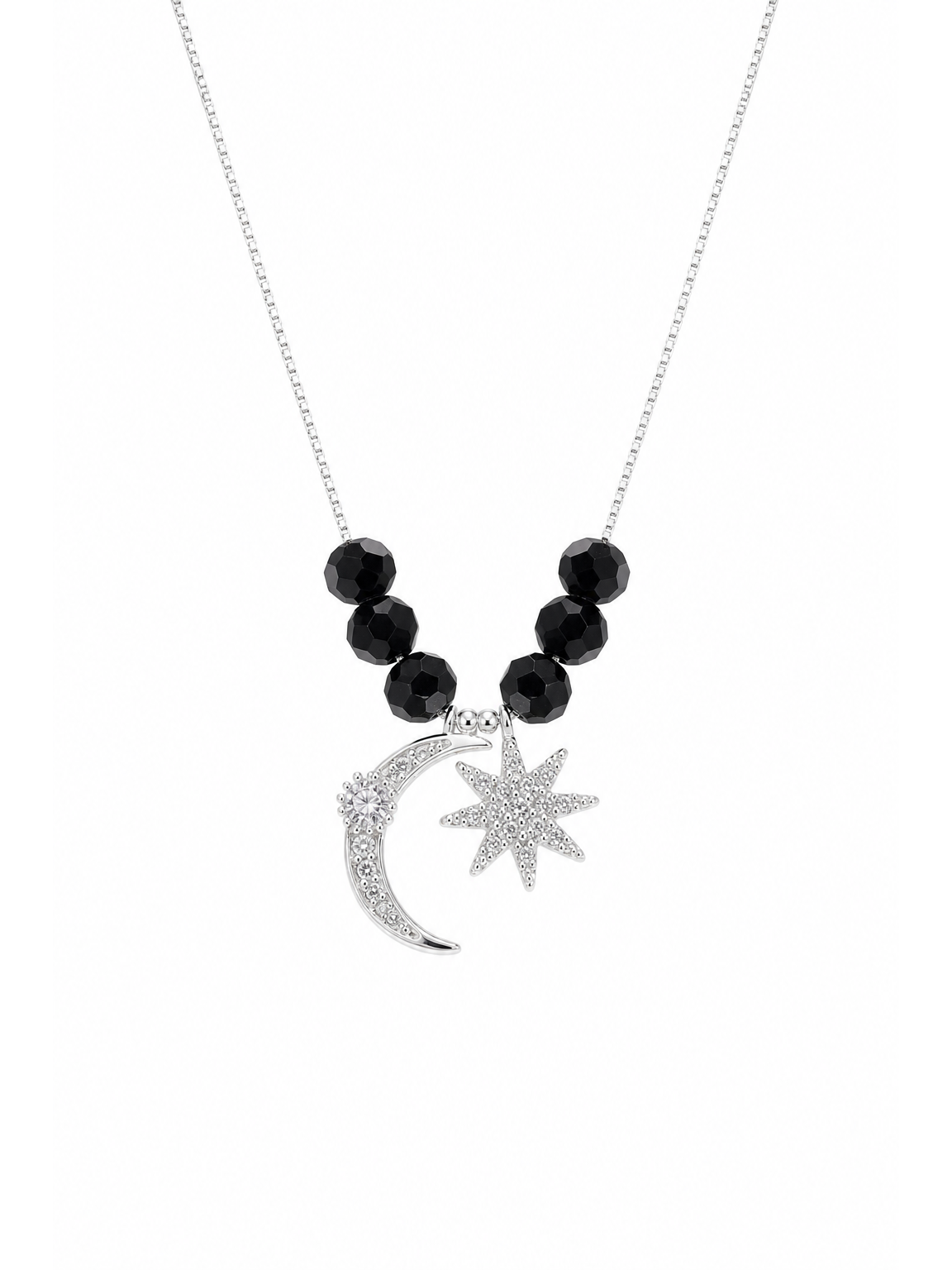Rhodium Plated Moon & Star Pendant Necklace with Black Beads 1