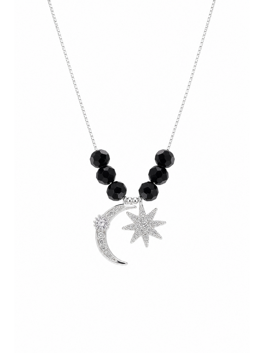 Rhodium Plated Moon & Star Pendant Necklace with Black Beads 1