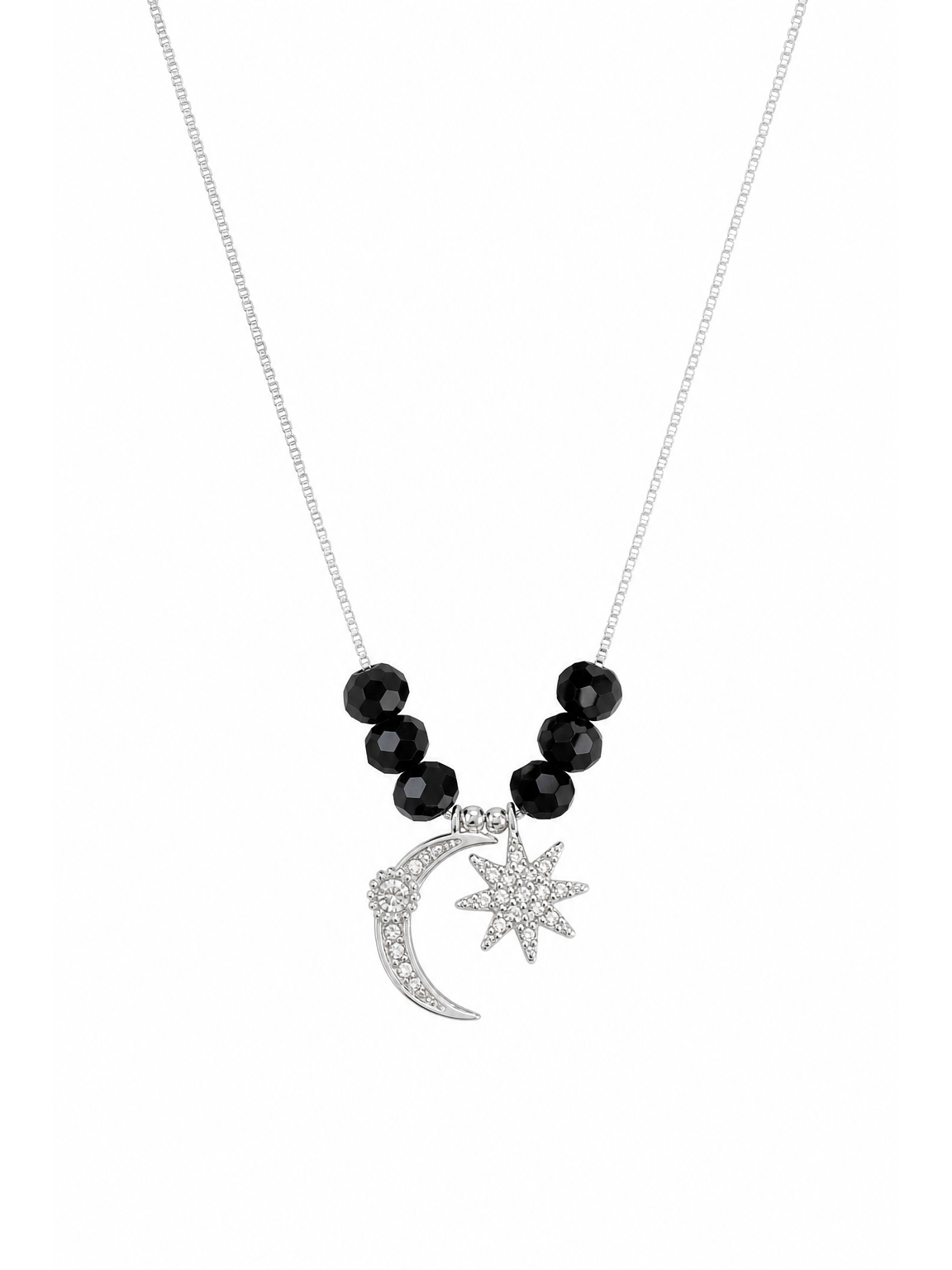 Rhodium Plated Moon & Star Pendant Necklace with Black Beads 2