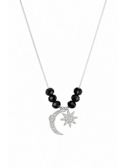 Rhodium Plated Moon & Star Pendant Necklace with Black Beads 2