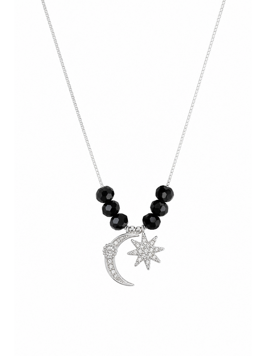 Rhodium Plated Moon & Star Pendant Necklace with Black Beads 2