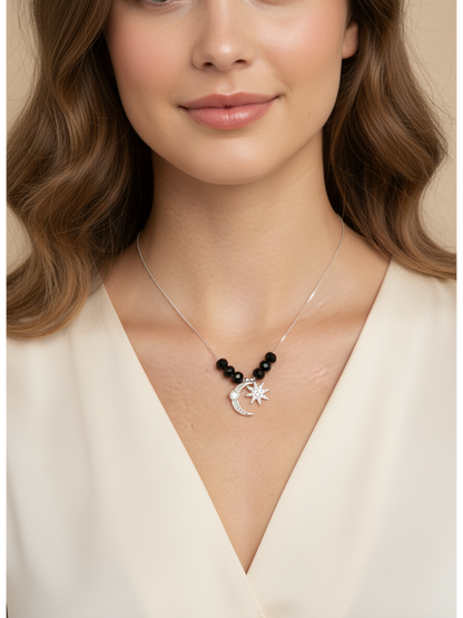 Rhodium Plated Moon & Star Pendant Necklace with Black Beads 3