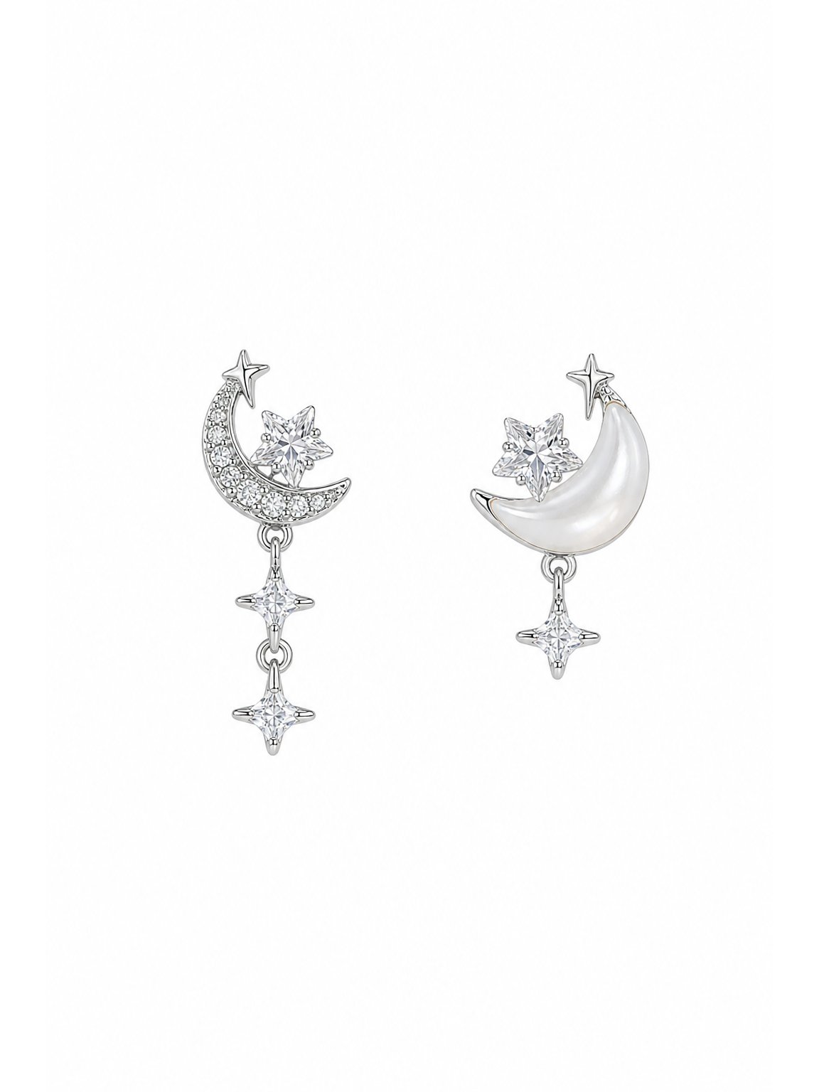 Plated Asymmetric Moon And Star Rhodium with Sterling Silver Posts Earring 1