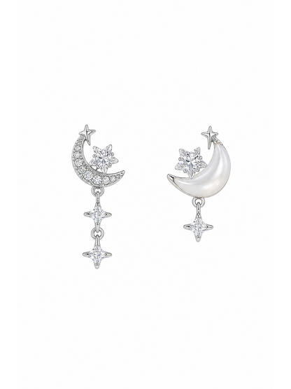 Plated Asymmetric Moon And Star Rhodium with Sterling Silver Posts Earring 1