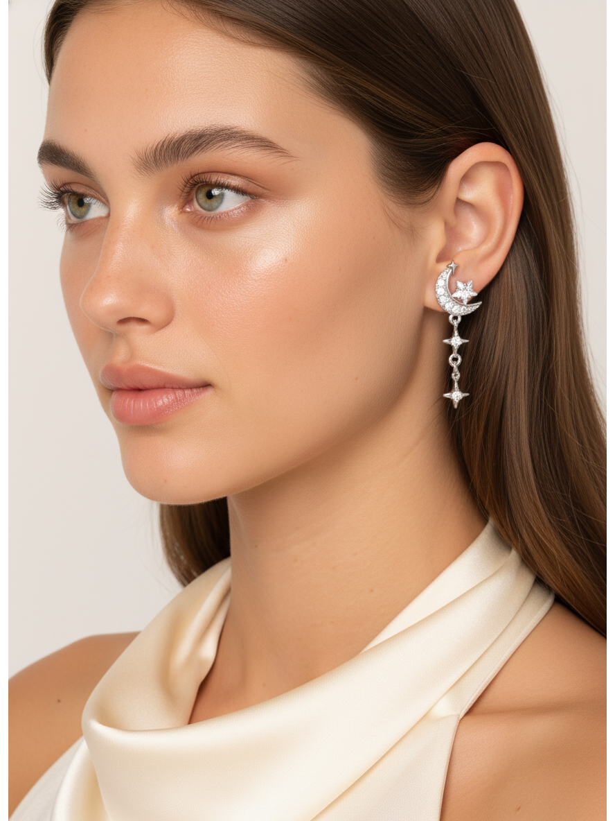 Plated Asymmetric Moon And Star Rhodium with Sterling Silver Posts Earring 3