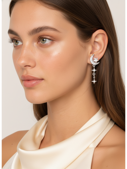Plated Asymmetric Moon And Star Rhodium with Sterling Silver Posts Earring 3