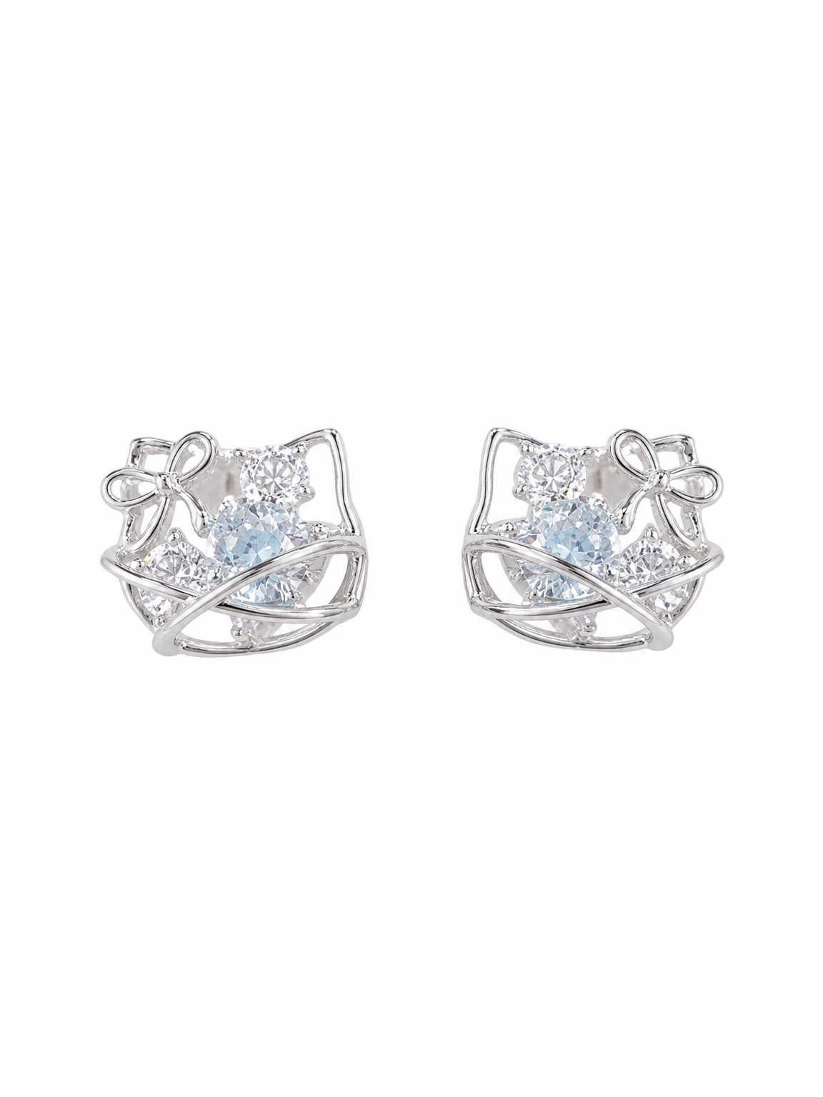 Plated Openwork Cat With Zircon Rhodium with Sterling Silver Posts Earring 1