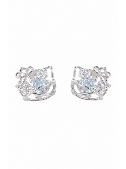 Plated Openwork Cat With Zircon Rhodium with Sterling Silver Posts Earring 1