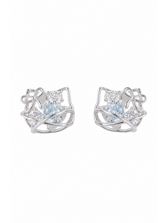 Plated Openwork Cat With Zircon Rhodium with Sterling Silver Posts Earring 1