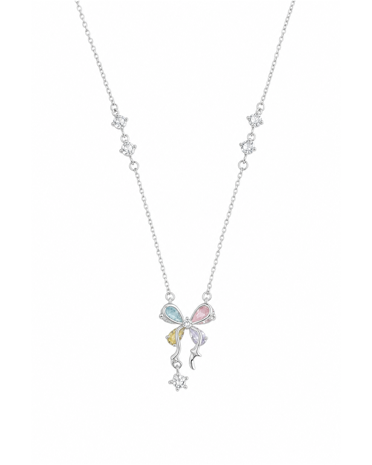 Rhodium Plated Pastel Bow Necklace with Zircon Accents 1