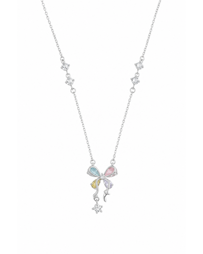 Rhodium Plated Pastel Bow Necklace with Zircon Accents 1