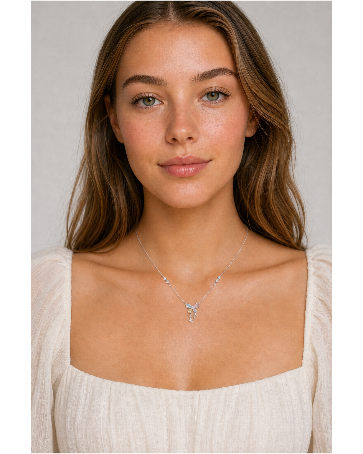Rhodium Plated Pastel Bow Necklace with Zircon Accents 2