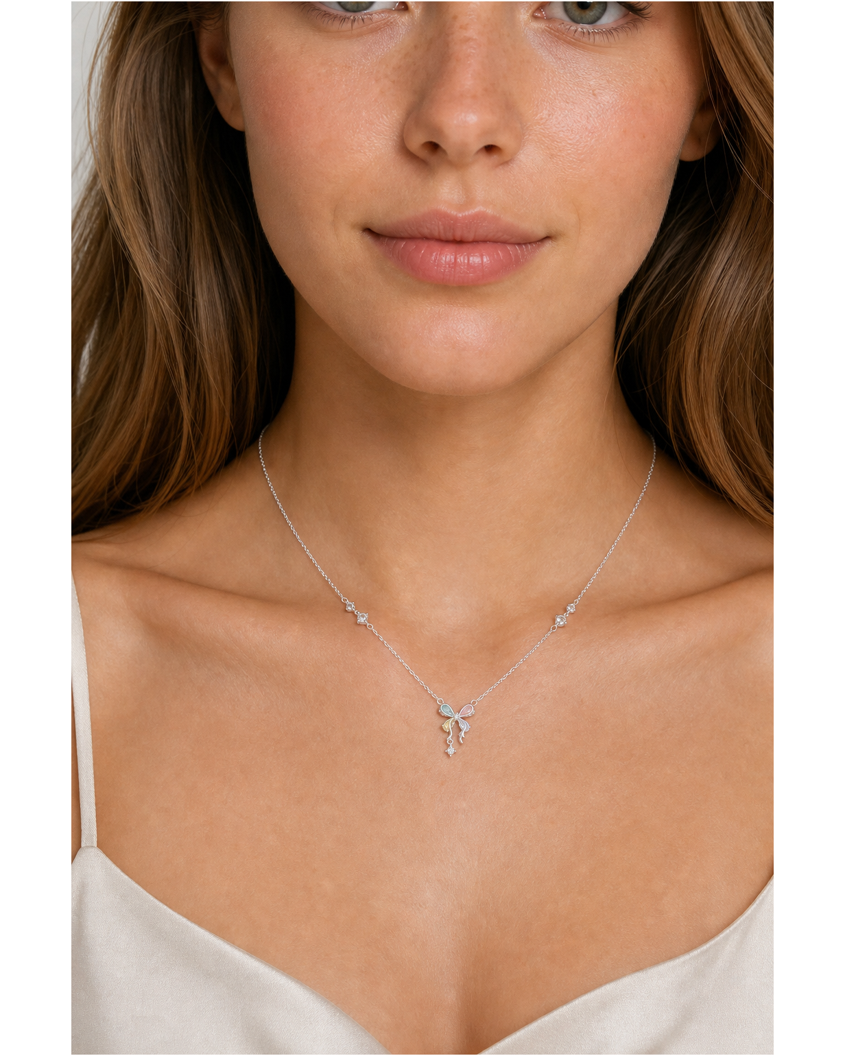 Rhodium Plated Pastel Bow Necklace with Zircon Accents 3