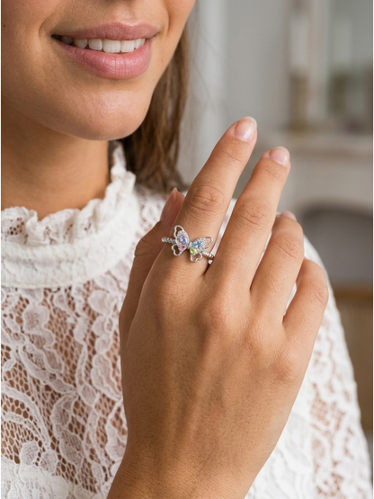 Rhodium Plated Pastel Butterfly Open Ring 2