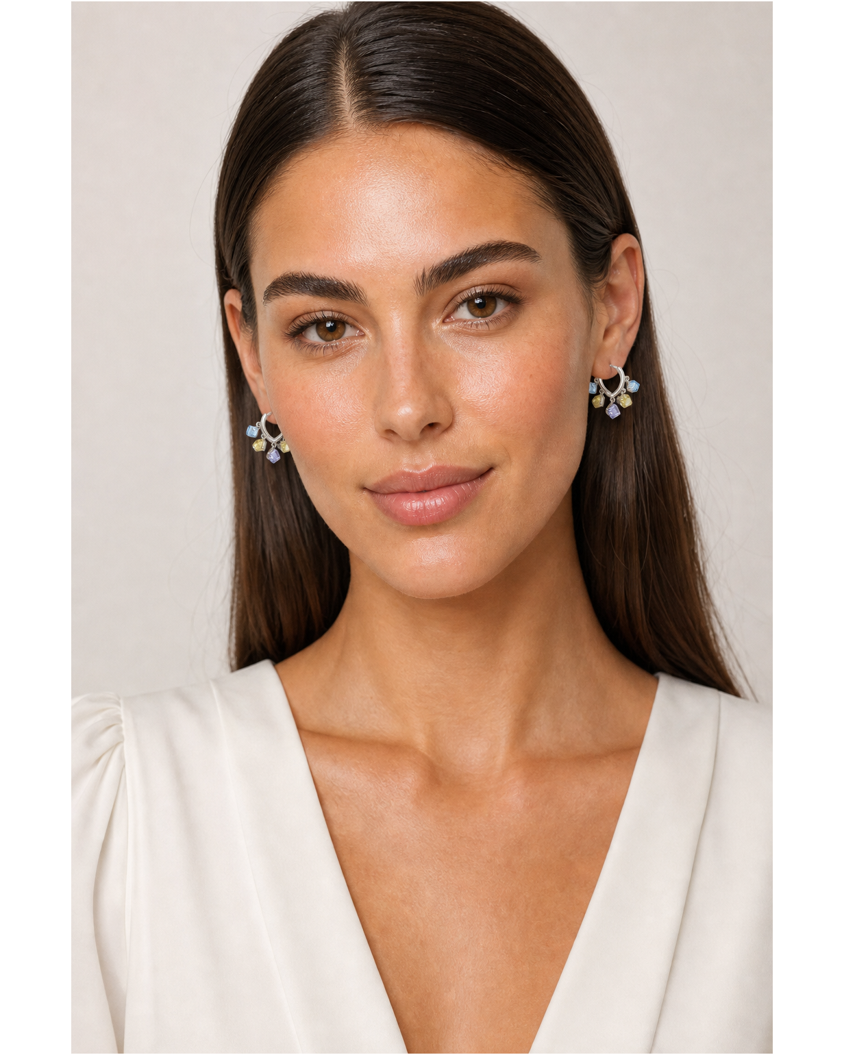 Plated Pastel Cubic Zirconia Dangle Huggie Rhodium with Sterling Silver Posts Earring 2