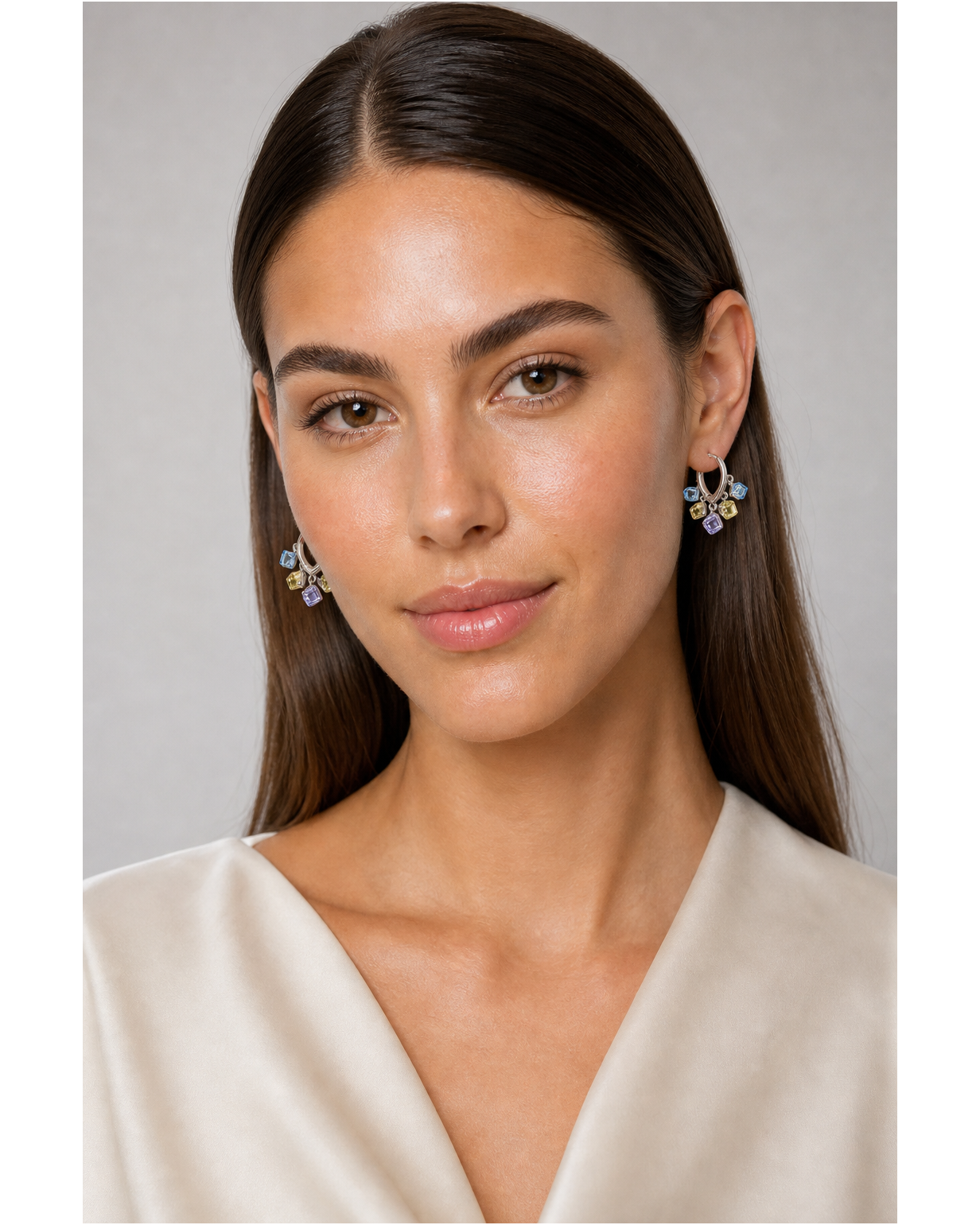 Plated Pastel Cubic Zirconia Dangle Huggie Rhodium with Sterling Silver Posts Earring 3