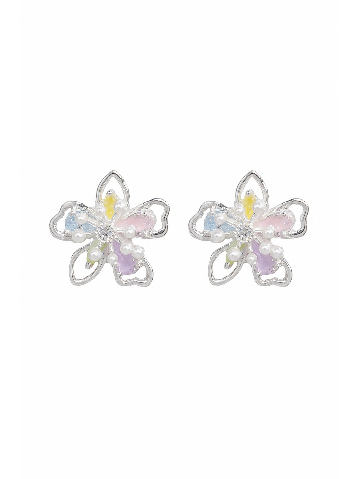 Plated Pastel Flower Rhodium with Sterling Silver Posts Earring 1