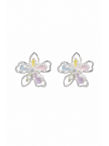 Plated Pastel Flower Rhodium with Sterling Silver Posts Earring 1