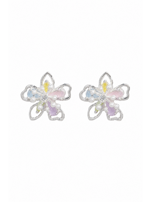 Plated Pastel Flower Rhodium with Sterling Silver Posts Earring