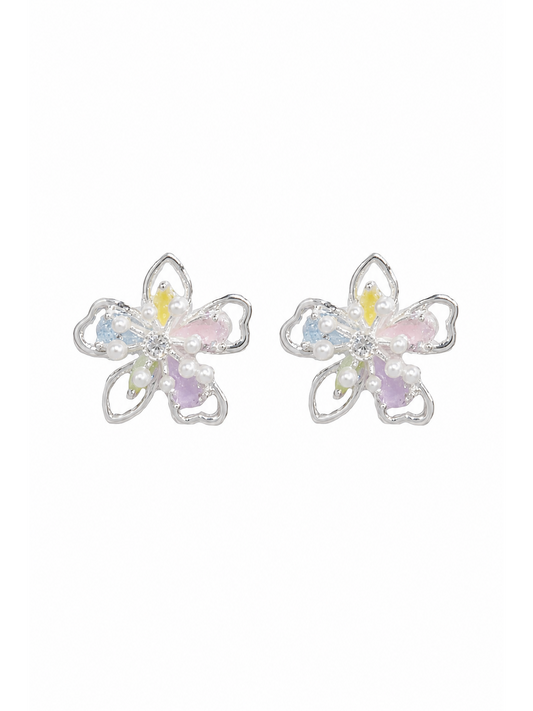 Plated Pastel Flower Rhodium with Sterling Silver Posts Earring 1
