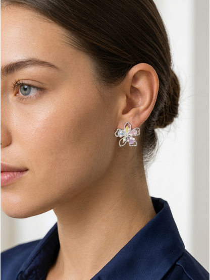 Plated Pastel Flower Rhodium with Sterling Silver Posts Earring 3