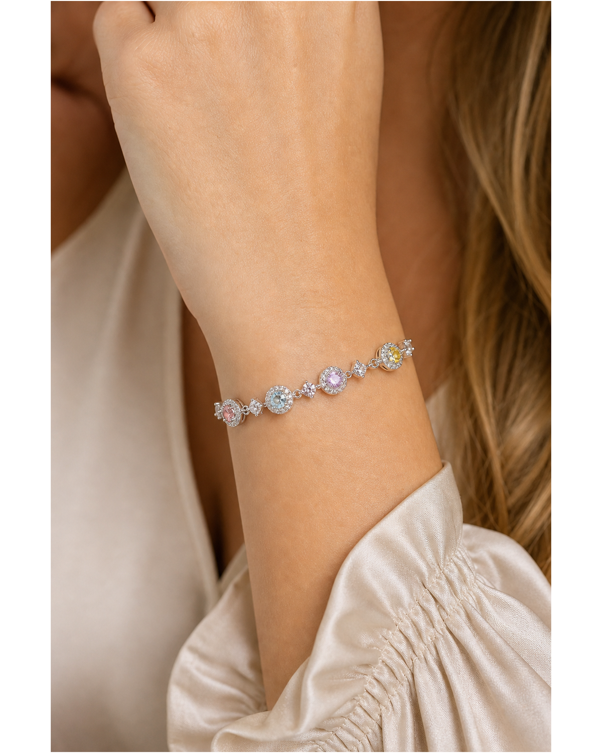 Rhodium Plated Pastel Zircon Sliding Bracelet 3