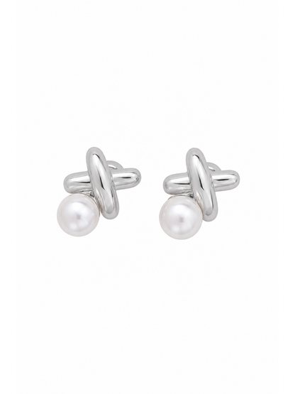 Plated Pearl Knot Rhodium with Sterling Silver Posts Earring 1