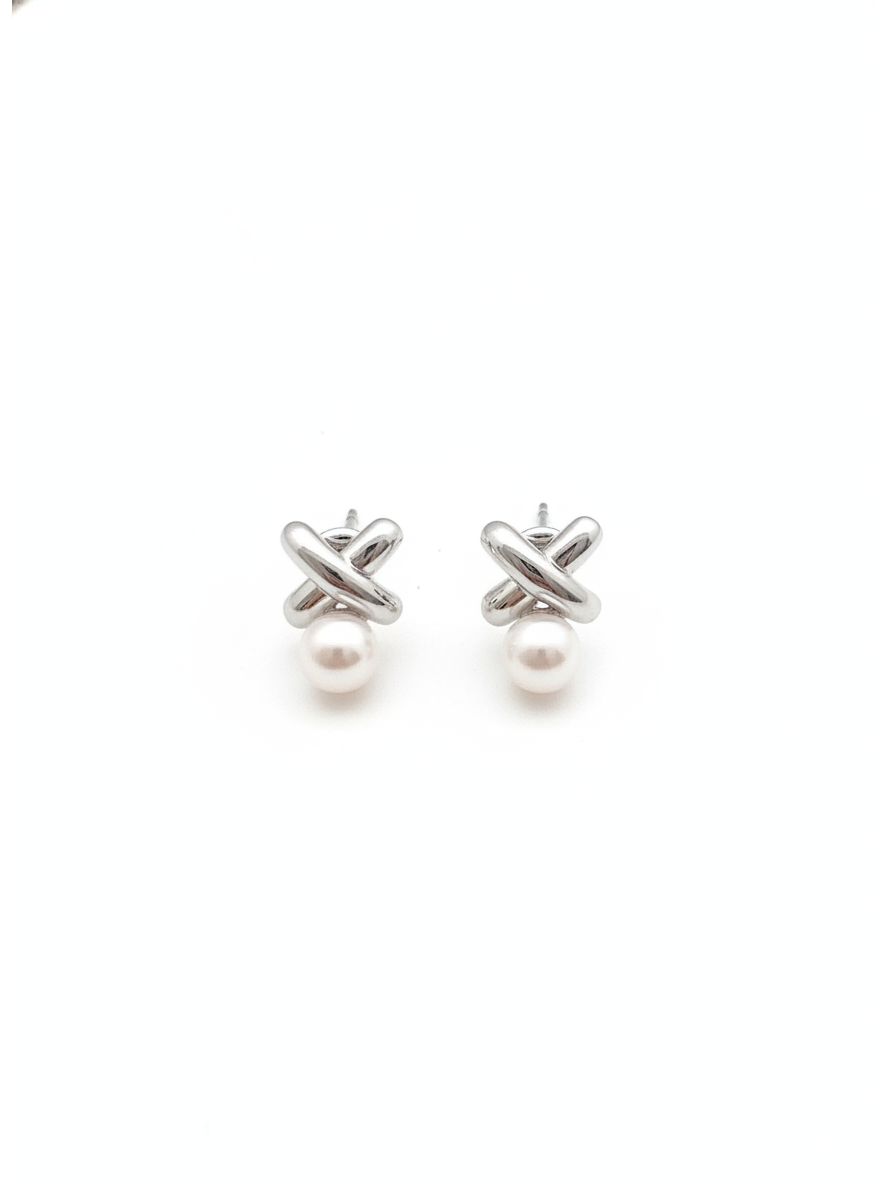 Plated Pearl Knot Rhodium with Sterling Silver Posts Earring 2