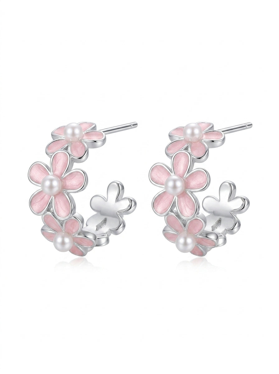 Plated Pink Floral Pearl Rhodium with Sterling Silver Posts Earring 1