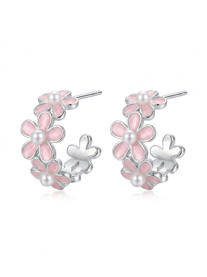 Plated Pink Floral Pearl Rhodium with Sterling Silver Posts Earring 1