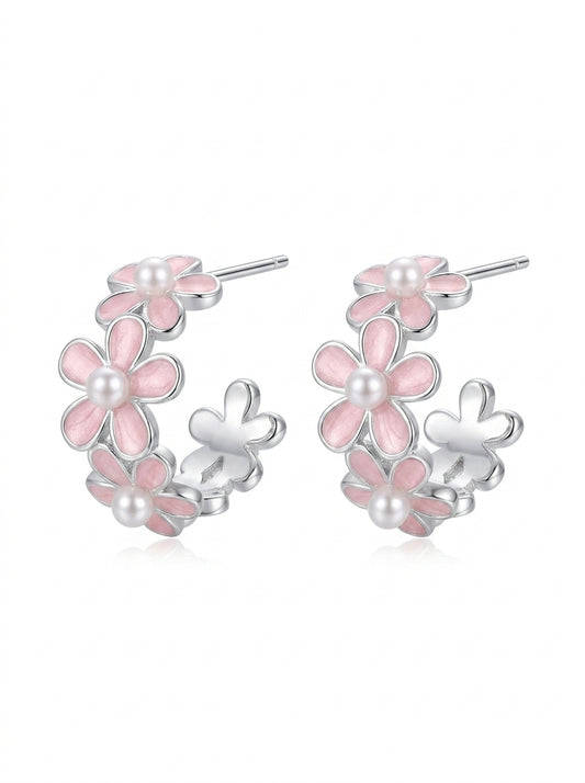 Plated Pink Floral Pearl Rhodium with Sterling Silver Posts Earring 1